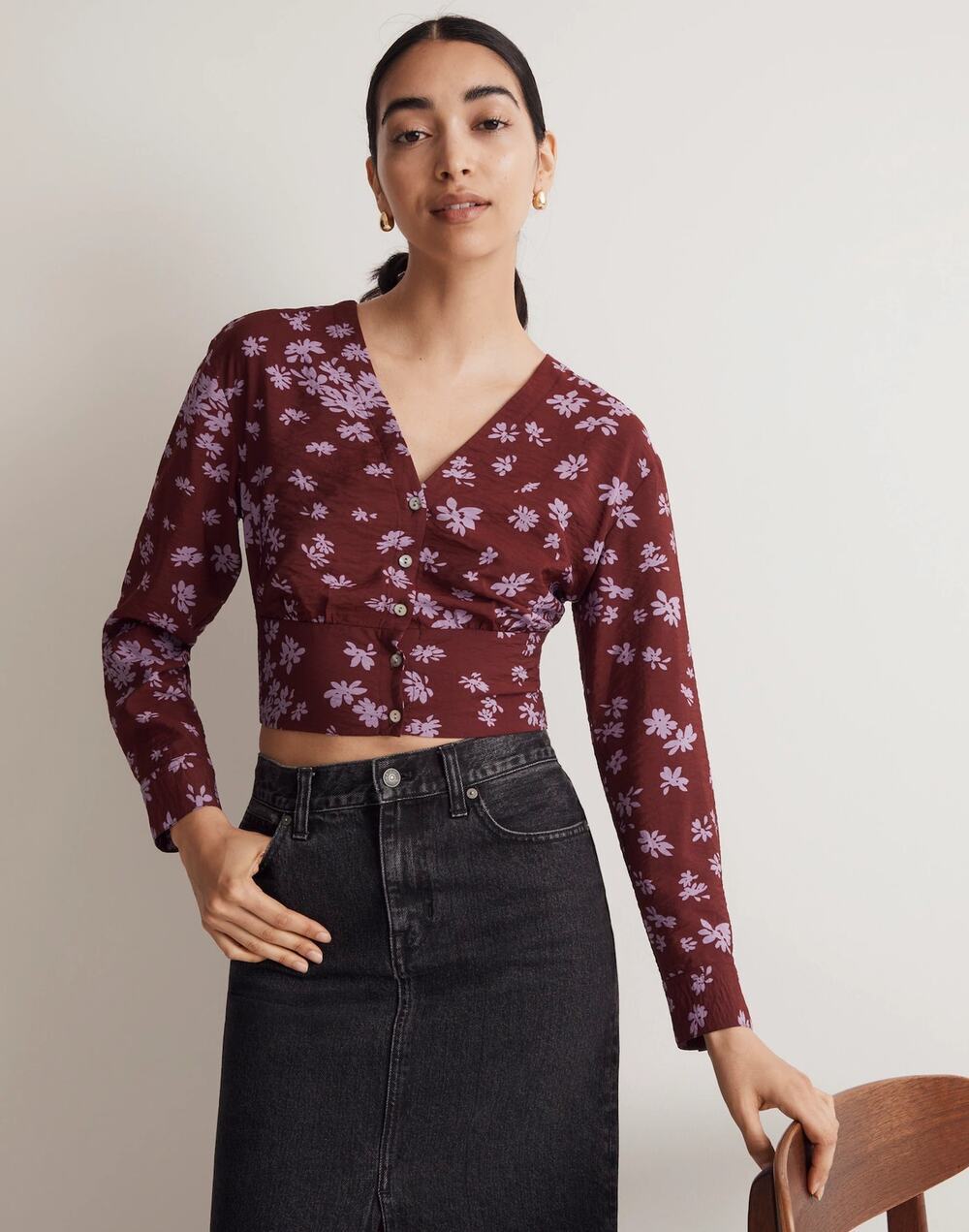 Madewell Floral Long Sleeve V-Neck Cropped Button-Front Shirt Cabernet Women's M